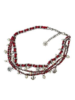 Vintage 80s 3 Silver Chain Adjustable Belt with Nautical Charms and Pearls